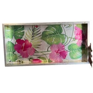 Silver & Pink Hibiscus Vanity Bathroom Decorative Tray